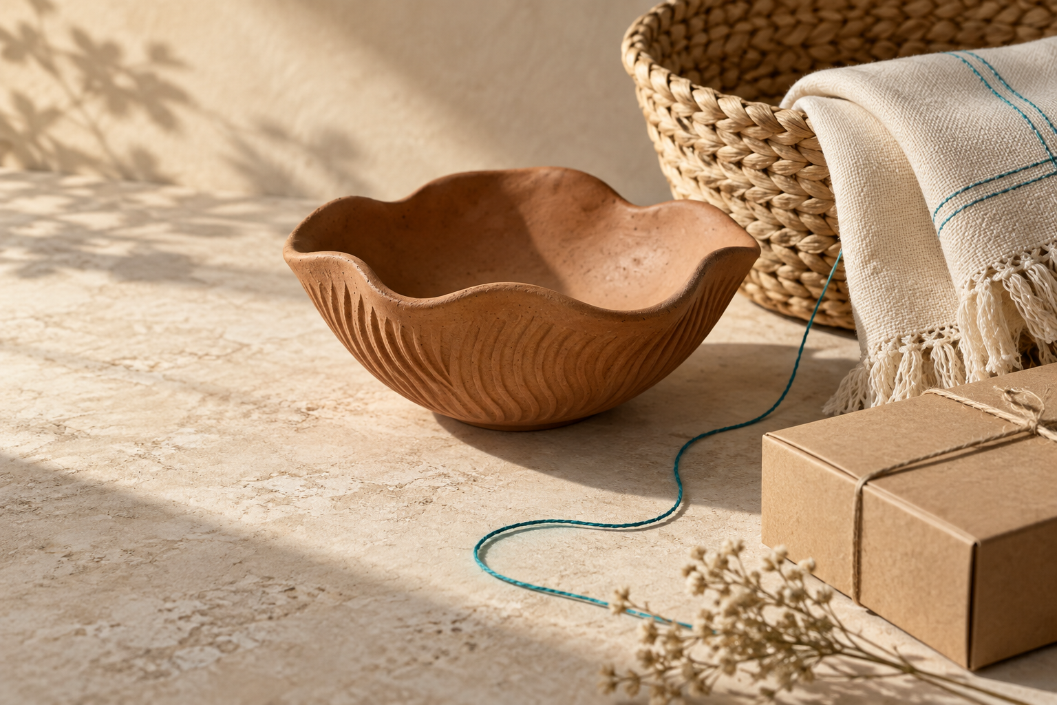 Conceptual still life of handcrafted pottery, woven materials and packaging