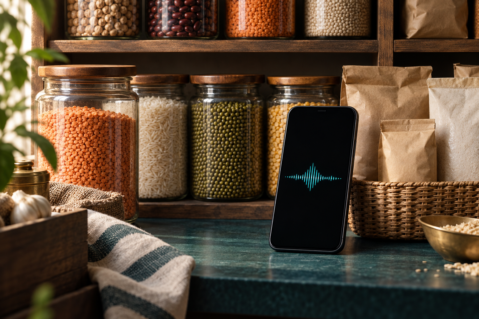 Conceptual illustration of grocery inventory and voice input; not a product screenshot